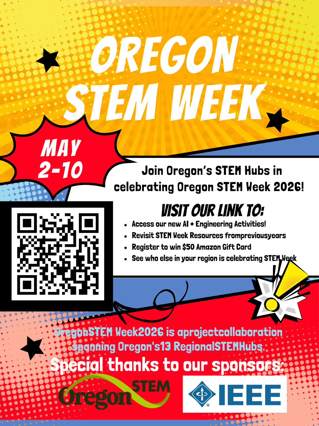 Flyer of Oregon STEM Week 2026, a collaboration spanning 13 regional STEM Hubs